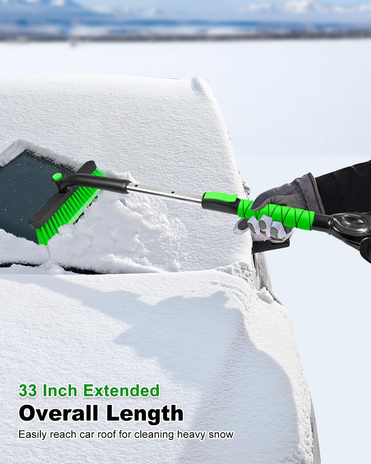 SEAAES 33 Inch Ice Scraper with Snow Brush for Car Windshield, Extendable Snow Scraper and Brush with Foam Grip for Truck SUV Vehicle Window - Green
