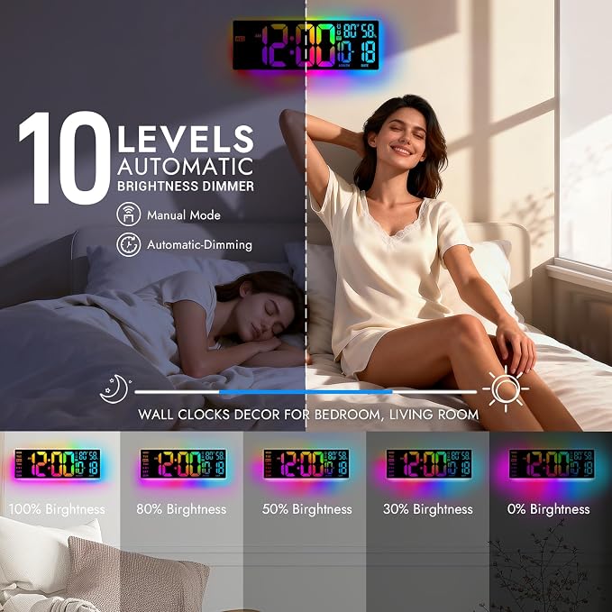 16.5" Large Digital Wall Clock: 13 RGB Night Lights Giant LED Display