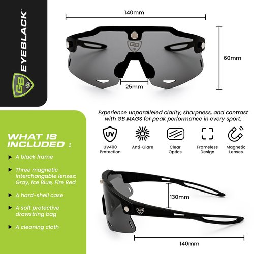 GB Eyeblack GB MAGS Magnetic White Frame Set Polarized Sports Sunglasses Cycling Sun Glasses for Men Women with 3 Interchangeable Lenses for Running Cycling Baseball Golf Driving