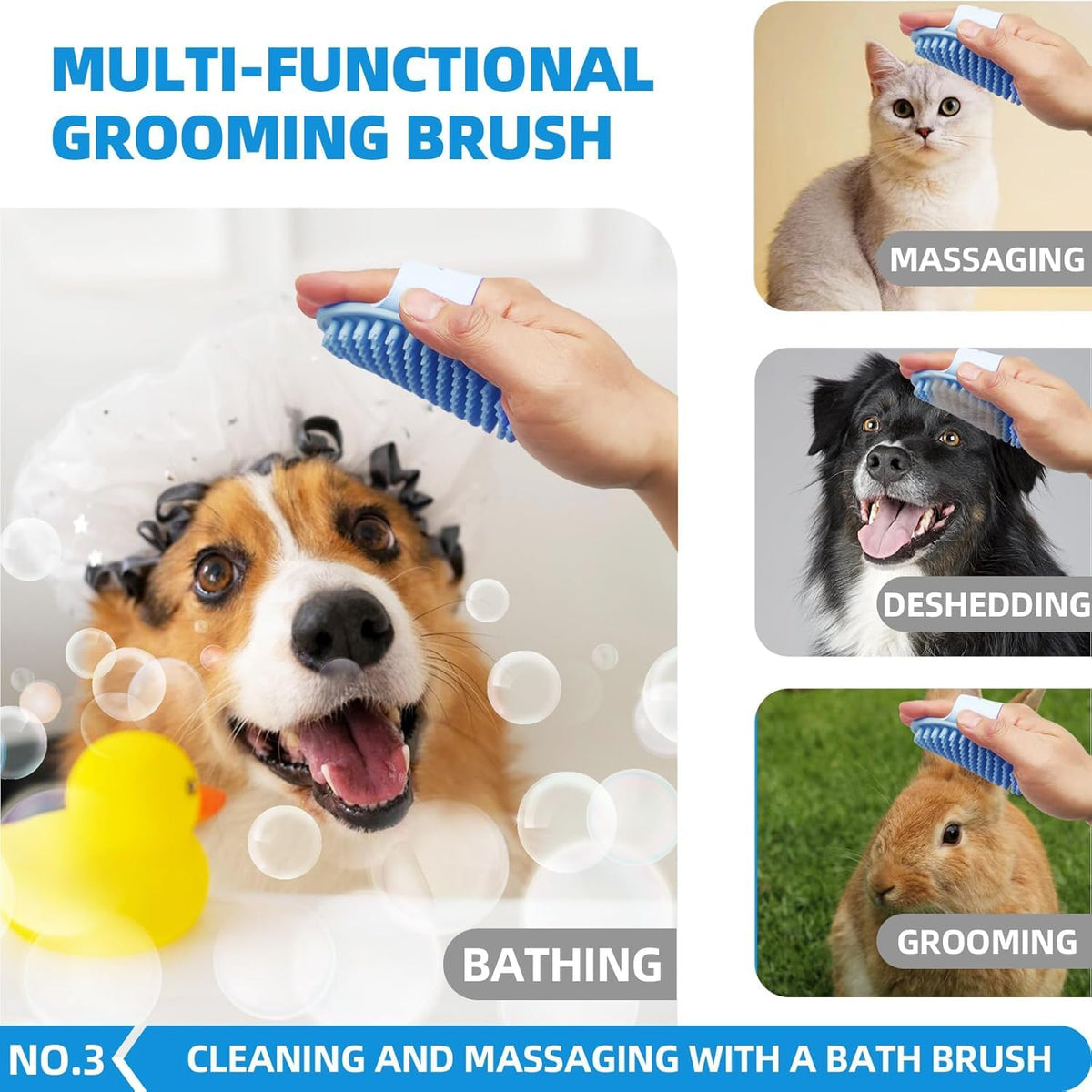 Skiennix Bath Grooming Kit - 6-in-1 Slicker Brush, Towel & Scrubber Gloves for Shedding Dogs & Cats | Blue