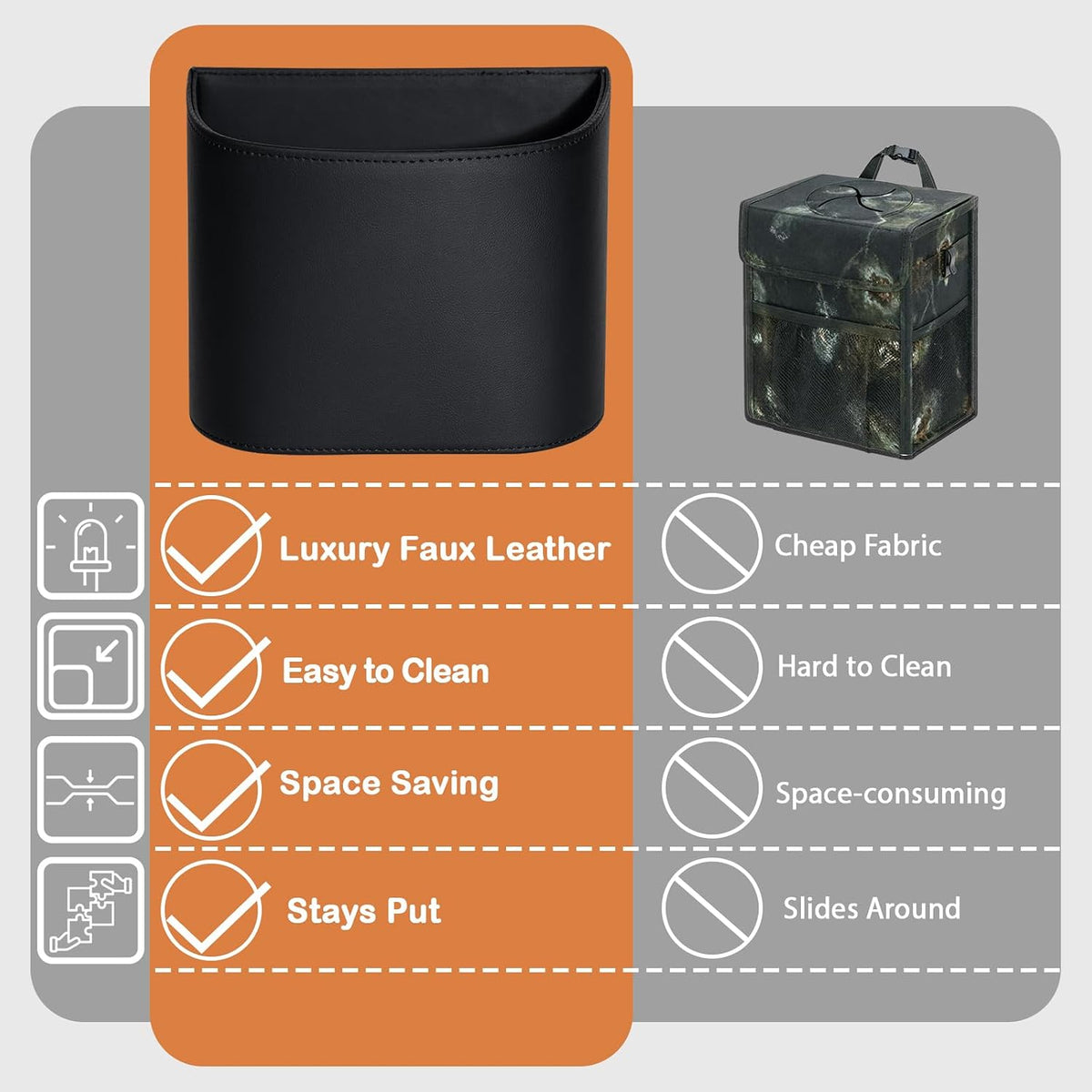 COZILO Leather Car Trash Can – Leakproof & Easy-to-Clean Car Garbage Can for Luxury Cars, SUVs & Trucks | Includes 60 Custom Liners, Secure Hook, Easy Install, Black