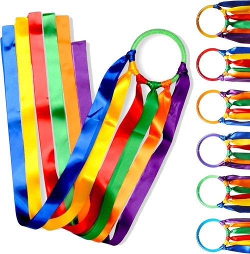 GSi Multicolor Ribbon Wands - Pack of 6 Dance Streamers with 9" Sticks & 1m Ribbons for Kids' Gymnastics & Parties