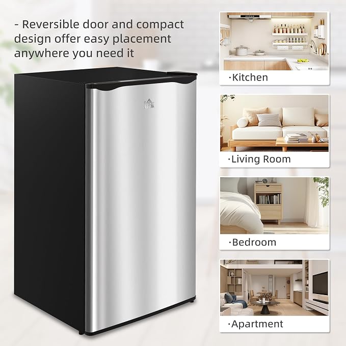 HOMCOM 3.2 Cu.Ft Mini Fridge with Freezer Single Reversible Door Silver | Compact Refrigerator, Adjustable Thermostat, Shelf, for Bedroom Dorm Home Office, Energy Efficient