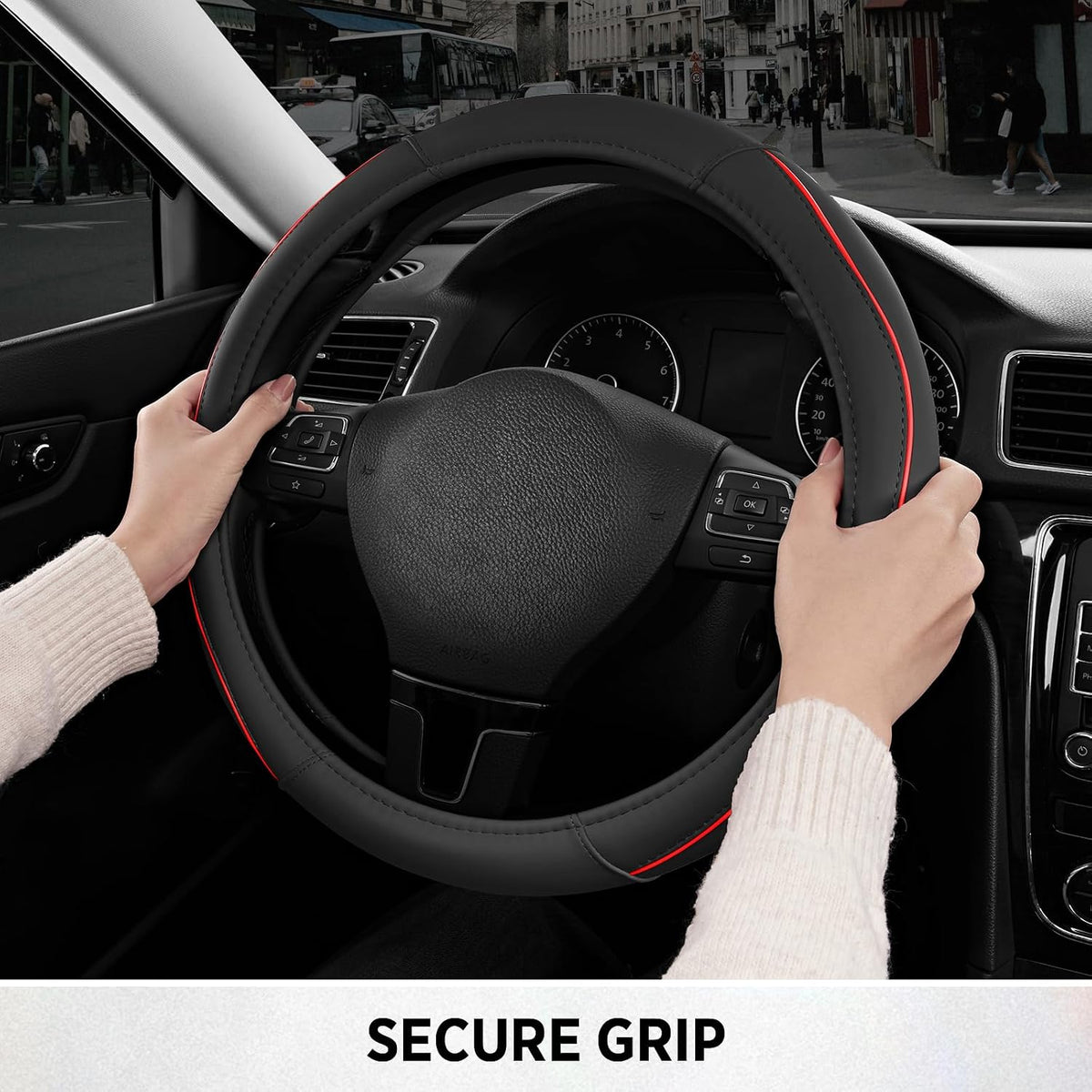 Road Comforts Leather Steering Wheel Cover with Decorative Trim and Piping, Anti-Slip Breathable Design, Fits 14.5–15 Inch Round Steering Wheels, Snug Fit, Stylish Interior Upgrade - Red
