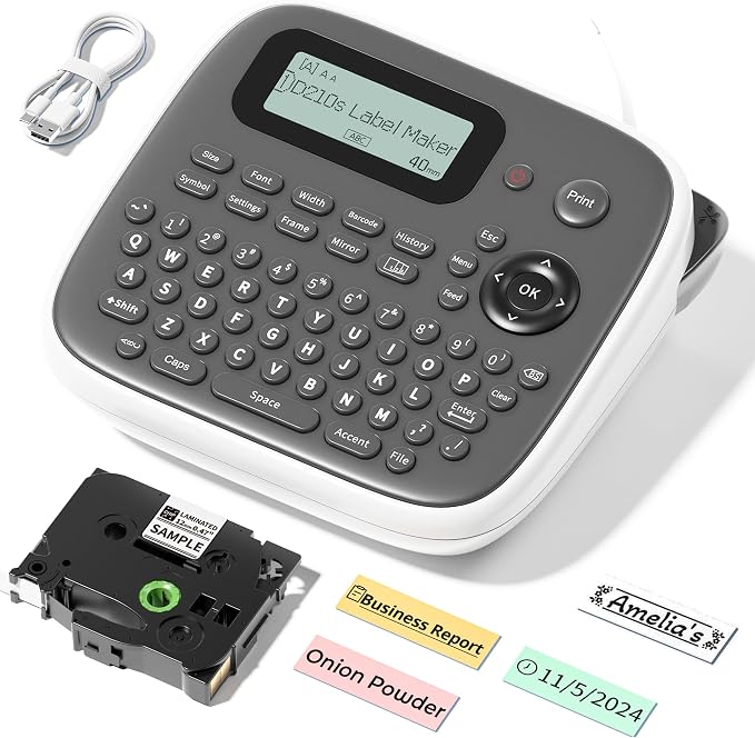 Label Maker Machine with Tape, Label Maker Waterproof Labels 12mm, D210s