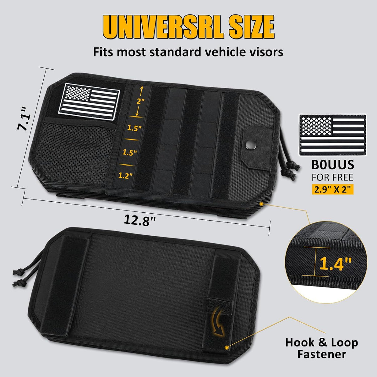 Falafa Car Sun Visor Organizer, Semi-Rigid Molle Panel for Tactical Gears with Zipper Visor Storage Pouch & Glasses Clip, Universal Fit for Trucks, SUVs, Jeeps & Patrol Vehicles