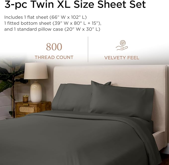 Threadmill Luxury 800 Thread Count 100% Cotton Sheets - Sateen Weave Twin XL Bed-Sheets, Better Than Egyptian Cotton,3 Pc Solid Soft Bedding Set (Dark Grey), Fits 15" Deep Pocket