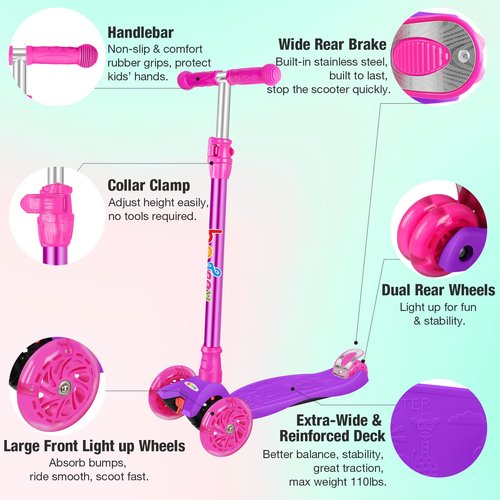BELEEV Scooters for Kids 3 Wheel Kick Scooter for Toddlers Girls Boys, 4 Adjustable Height, Lean to Steer, Light up Wheels, Extra-Wide Deck, Easy to Assemble for Children Ages 3-12 (Pink Purple)