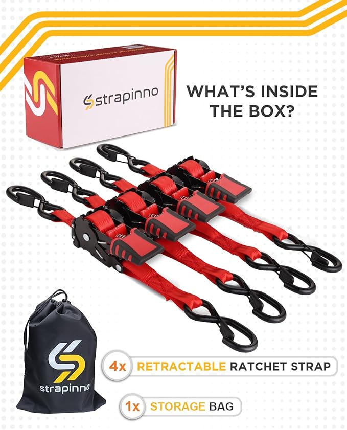 Strapinno 4pcs Retractable Ratchet Straps Bundle 1in x 6ft Ratchet Tie Down with Rubber Coated Steel Handle, S Hooks, Breaking Strength 1500 lbs Each (Red Strap, Black Coated Buckle)