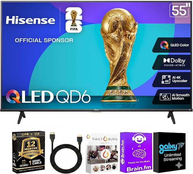 Hisense 55" QD6 Series 4K QLED Fire TV Bundle with HDMI Cable | 4K QLED, Fire TV, HDMI Cable, 12-Month CPS Plan & Streaming Bundle