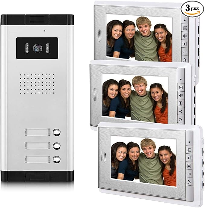3 Units Apartment Video Intercom System, 7 Inch Monitor Wired Video Doorbell