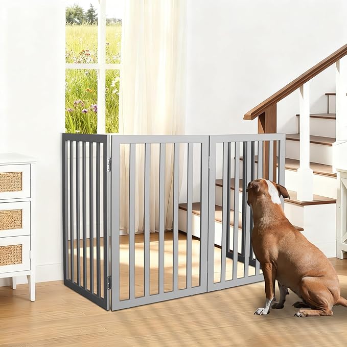ZJSF Freestanding Indoor Dog Gate for House Foldable Wood Grey Puppy Gate for Doorways Pet Gate for Stairs Extra Wide Pet Fence 24" Height 6 Panels