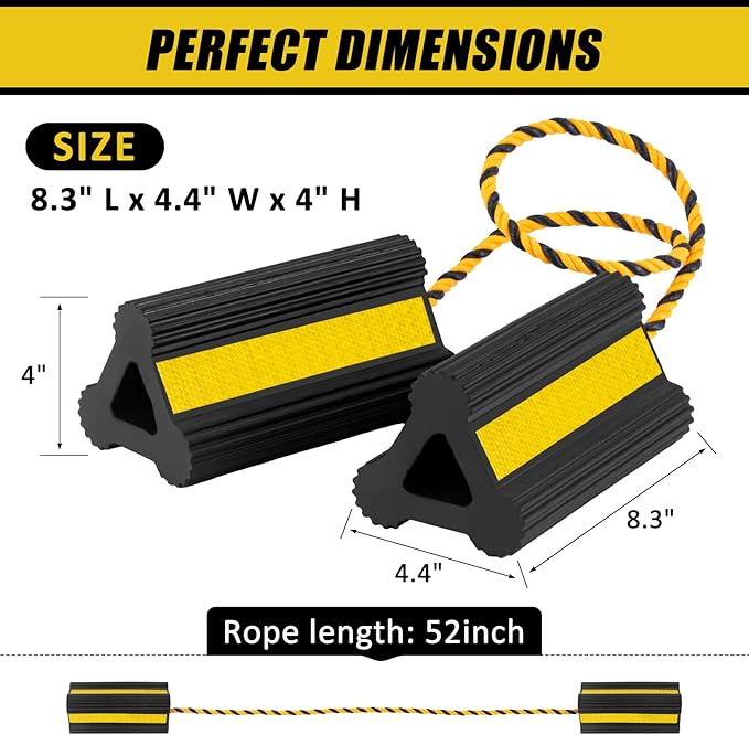 Heavy Duty Wheel Chocks - Wheel Stoppers for Trailer Travel Trailers RV Aircraft Car Camper Truck, Non Slip Rubber Wheel Block with Nylon Rope Yellow Reflective Tape（1 Pair）