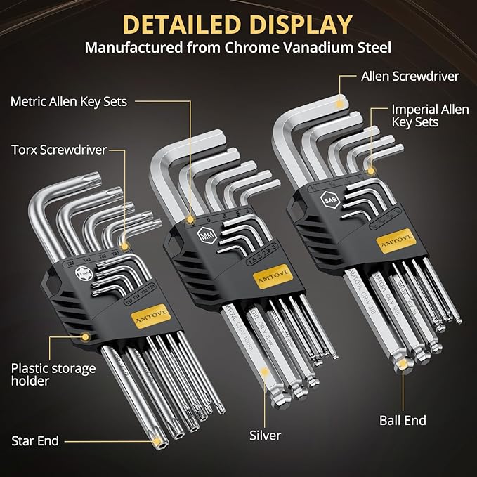 AMTOVL 27PCS Allen Key Set - Metric & SAE Wrench Set, Extra Long Ball & Star End Hex Keys with T-Handle & Color Coding for Bicycle, Household DIY (Sliver-27PCS Allen wrenches sets)