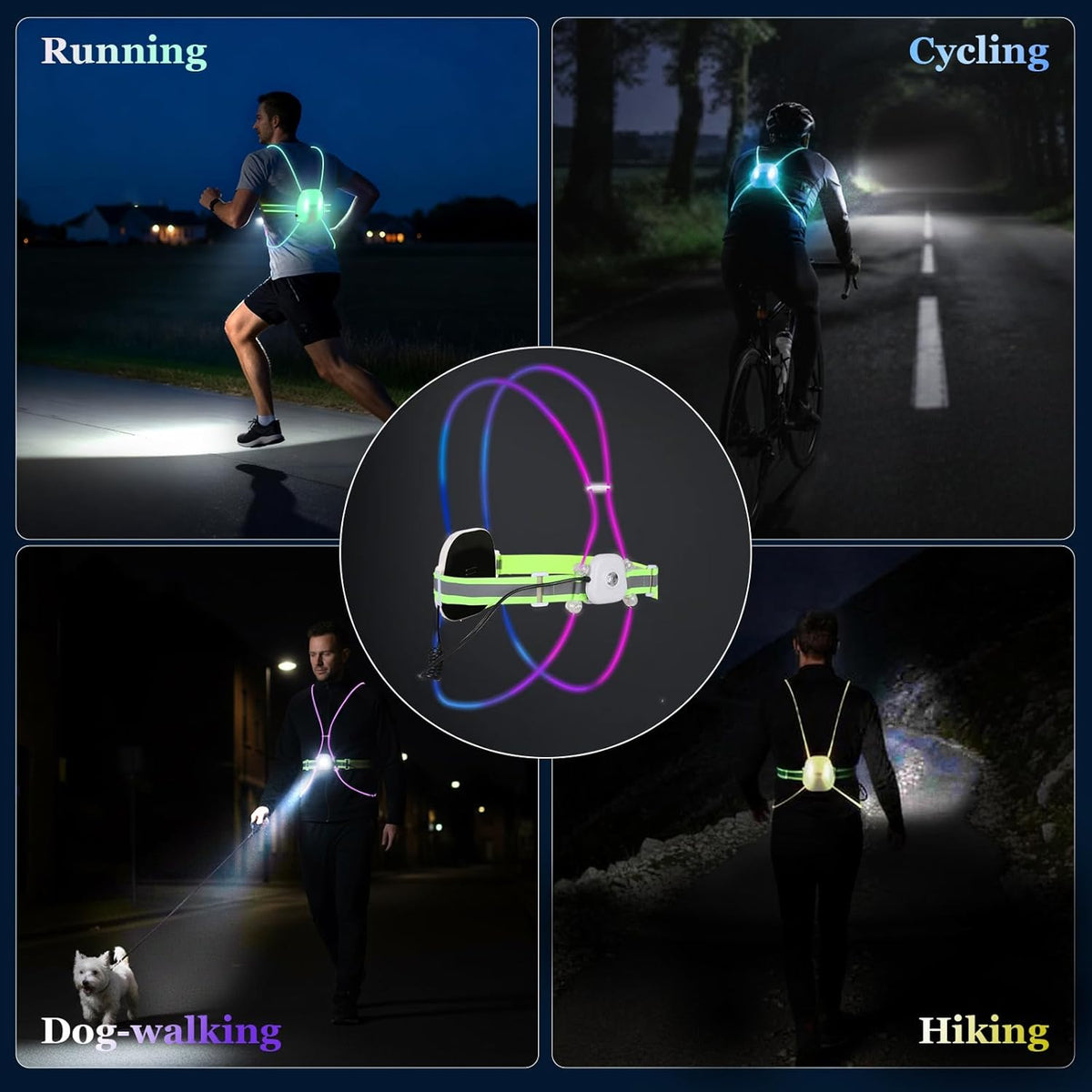Skiennix Reflective Running Vest - Rechargeable LED Gear with 3 Modes & 7 Colors | Adjustable Safety Vest for Night Running, Cycling, Hiking (Medium)