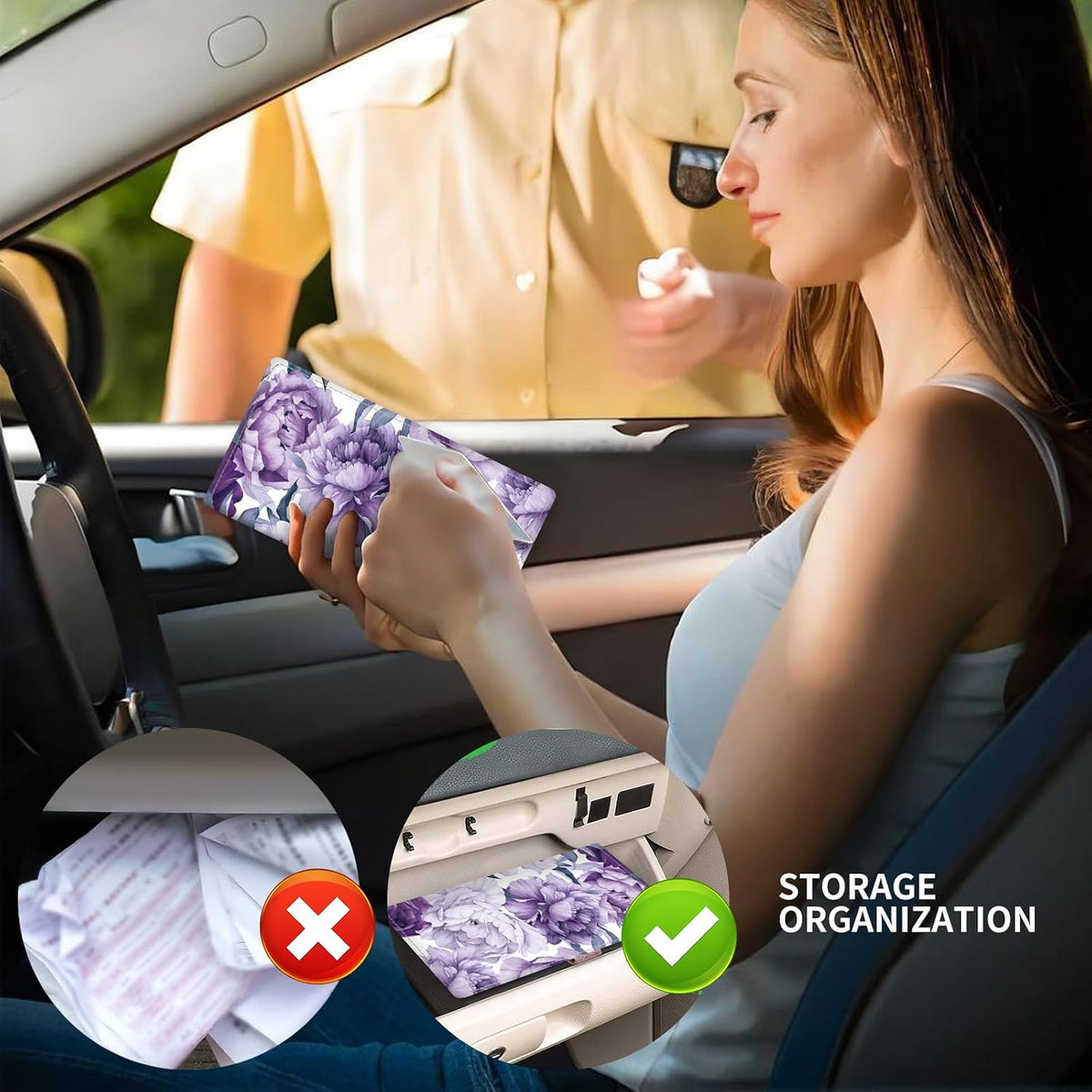 Leather Car Registration and Insurance Card Holder, Cute Car Accessories Vehicle Glove Box Car Organizer for Documents, Cards, License Cute Purple Flowers