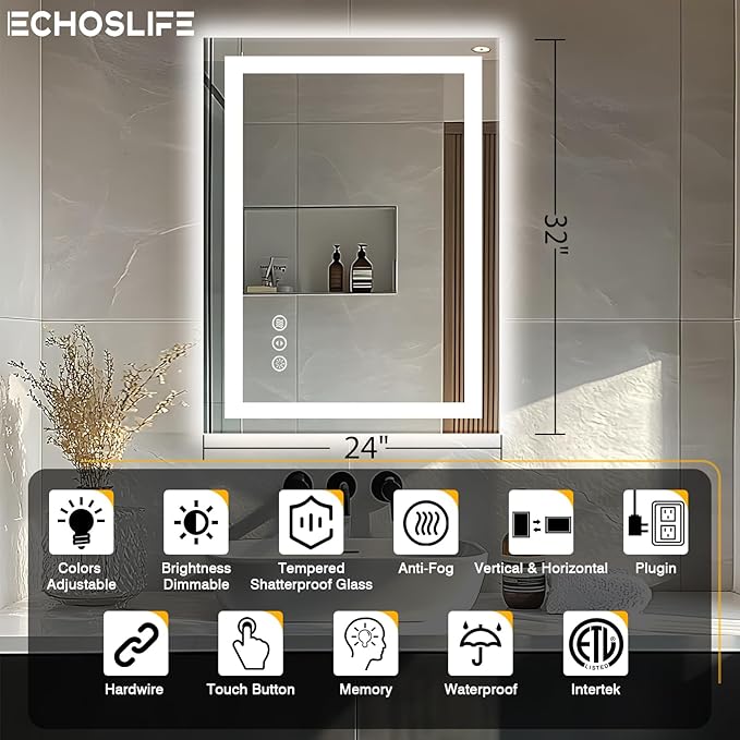 24"x32" LED Bathroom Mirrors for Wall, Front and Backlit Mirror, Anti-Fog Vanity Mirror with Lights, Stepless 3 Colors Dimmable Smart Lighted Mirror(Horizontal/Vertical)
