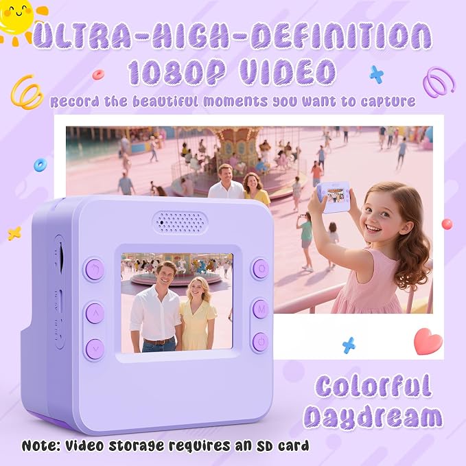 Kids Camera Instant Print with Flip Lens, 1080P HD Video Inkless Toddler