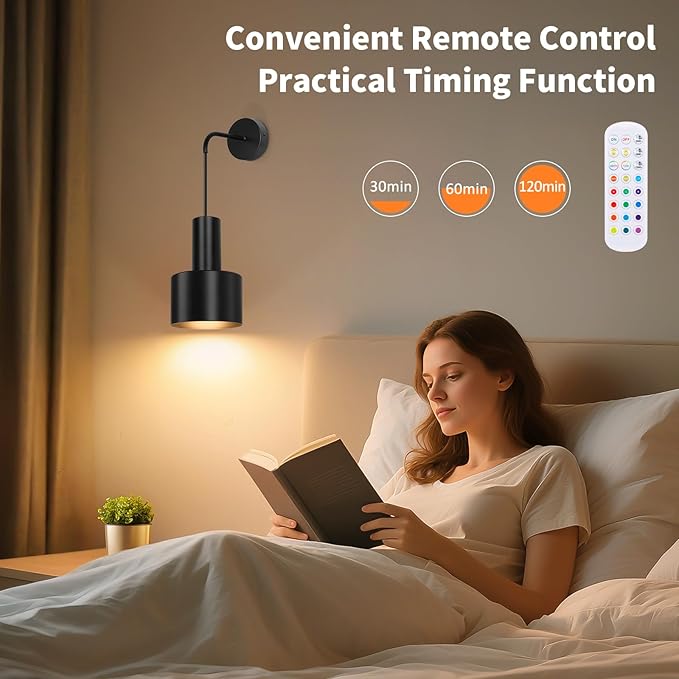 VerRon Rechargeable Battery Operated Wall Sconce Set of Two, Black Wireless Battery Powered Lights with Dimmable Detachable Bulbs & Remote, Modern Sconces Wall Decor for Bedroom Living Room Hallway