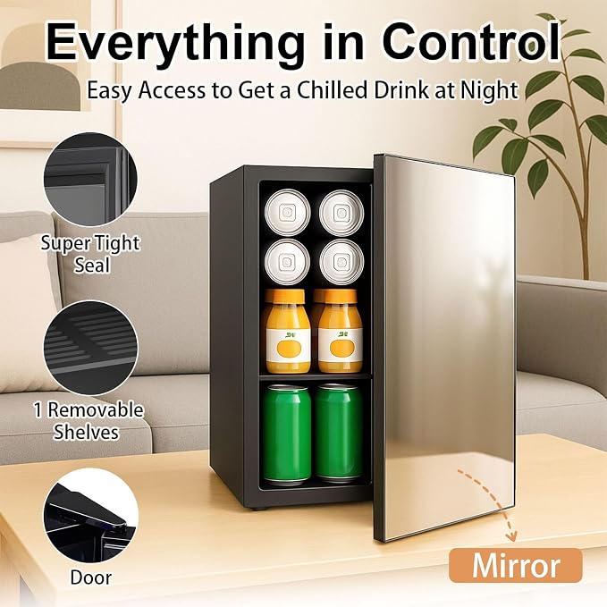 7 Temp Control 24 Can Mini Fridge, 0.95 Cu.Ft Beverage Cooler | for Soda, Beer, Wine, Beauty Products, Mirrored Door Compact Refrigerator for Bedroom, Dorm, Office, Storage