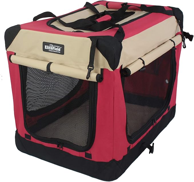 EliteField 4-Door Folding Soft Dog Crate with Curtains, Carrying Bag and Fleece Bed (2 Year Warranty), Indoor & Outdoor Pet Home (36" L x 24" W x 28" H, Red+Beige)