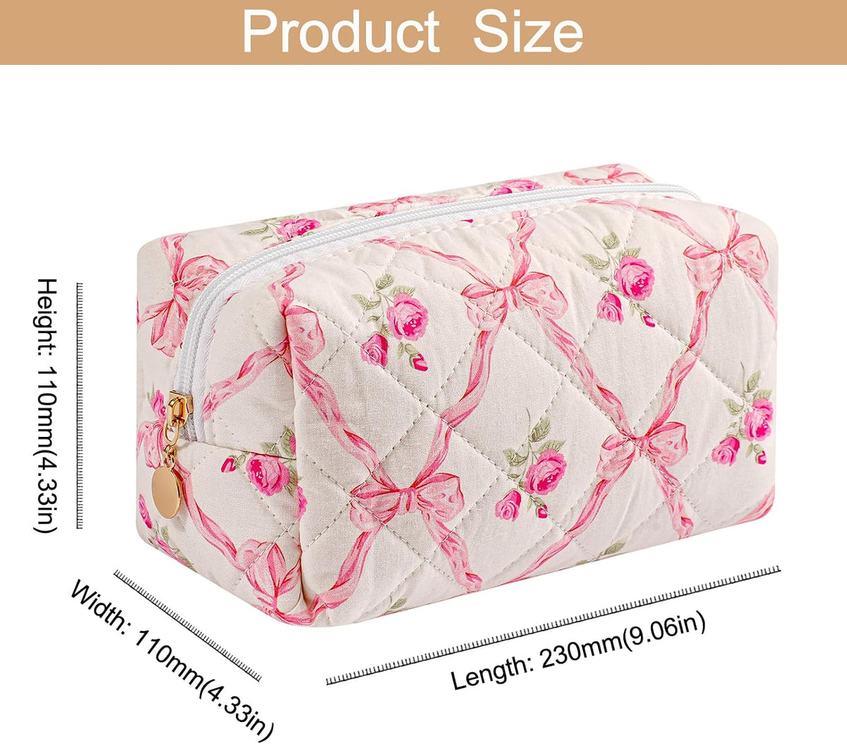 Makeup Bag Travel Cosmetic Bag for Women Girls, Zipper Make Up Pouch, Floral Flowers Toiletry Organizer Makeup, Portable Storage Bag, Cosmetic Travel Cloth Bag (Pink+Pink Bowknot)
