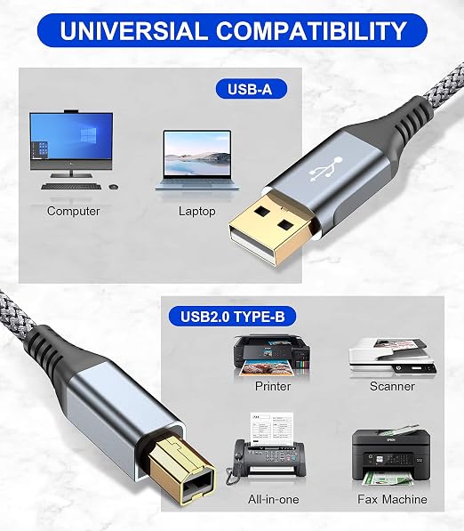 Printer Cable 10ft, USB 2.0 USB-A to USB-B Midi Cable High Speed Nylon Braided