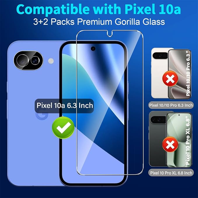 3 Pack for Google Pixel 10a Screen Protector Tempered Glass + 2 Pack Camera