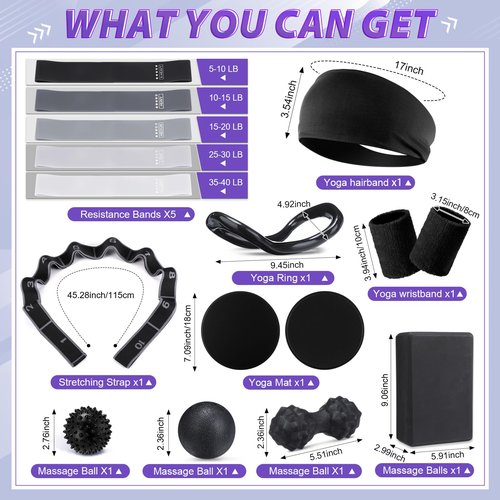 24 Pcs Home Pilates Essentials Kit for Women, Pilates Equipment Ring and Ball Set with Stretching Strap, Water Bottle, Magic Circle, Yoga Ring, Gym Bag, Resistance Band, Anti Slip Socks(Black)