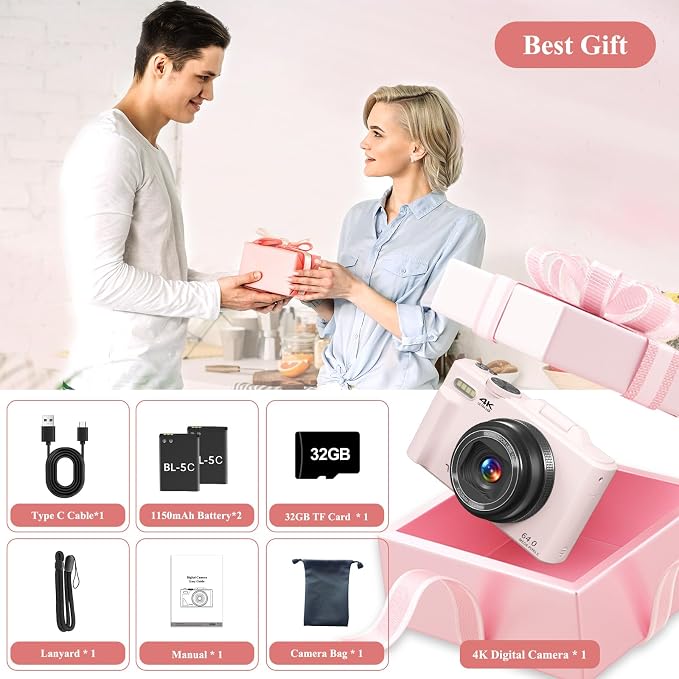 4K Digital Camera for Photography, 64MP Vlogging Camera for YouTube, WiFi Vlog