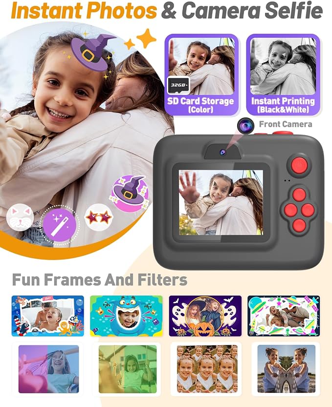Yehtta Kids Camera Instant Print, Dual-Lens Front Rear Selfie Camera