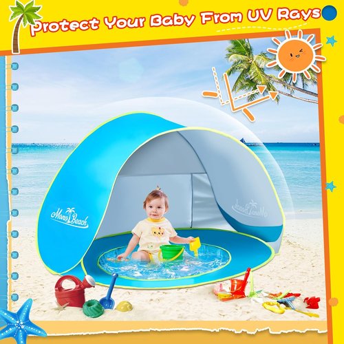 Monobeach Baby Beach Tent - Portable UPF50+ UV Protection Sun Shelter with Sand Toys | Easy Setup (Blue)