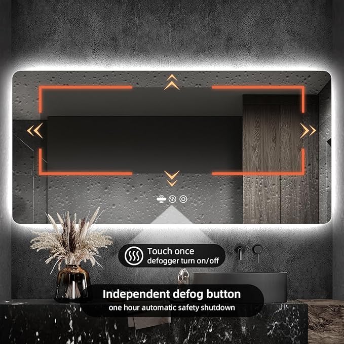 66 x 36 LED Bathroom Mirror, Frameless Rounded Corner Rectangle Backlit Mirror Bathroom, Anti-Fog, 3-Color Stepless Dimmable Lighted Mirror, Motion Sensor Lights, Memory Function