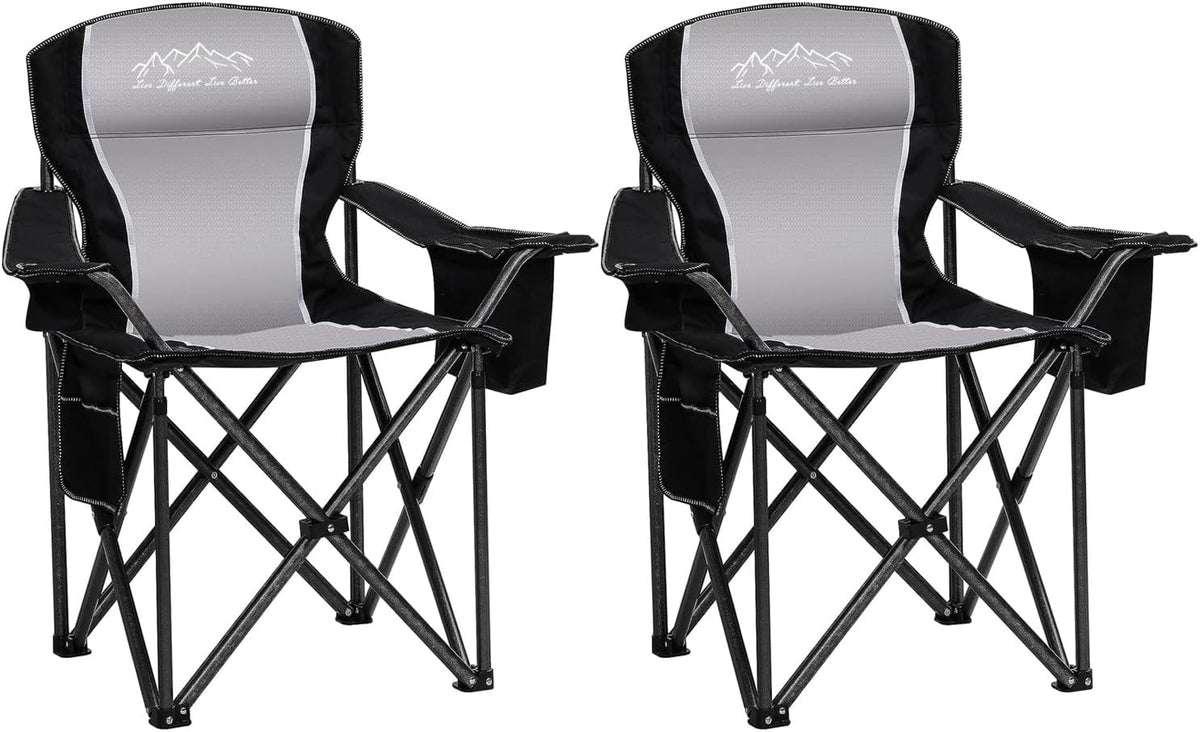 Skiennix Folding Camping Chair - Heavy Duty Portable Lawn Chair with Cooler Bag & Cup Holder | Supports 450lbs, Black