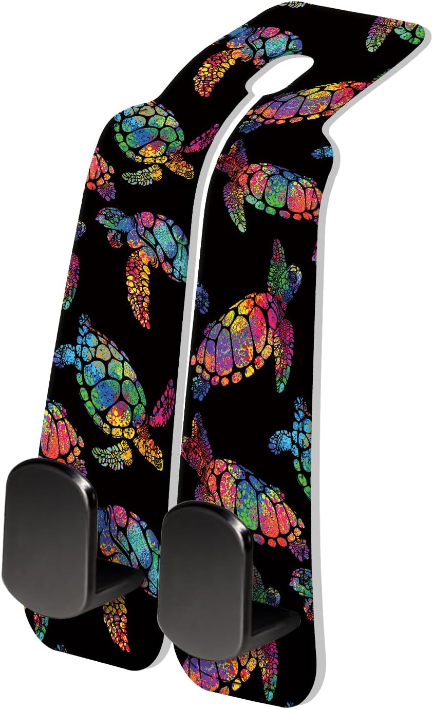PU Leather Car Seat Hook, Storage Headrest Hanger, Cute Car Backseat Organizer, Car Hooks For Purses and Bags Rainbow Sea Turtles