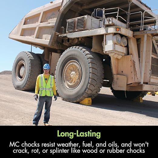 Checkers Heavy Duty Wheel Chocks for 65"-105" Tires, One Large Tire Chock for Haul Trucks, Loaders, and Cranes, 275 Ton Capacity, Lightweight HDPE, Made in The USA, Yellow, MC3010