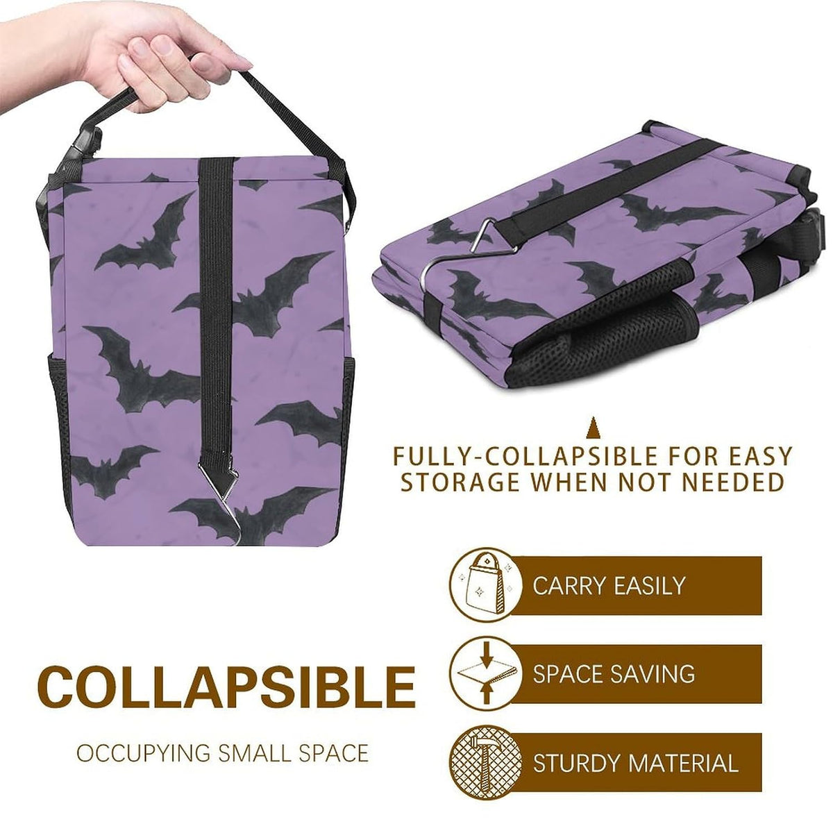 Purple Goth Bat Car Trash Can with Lid - Collapsible Reusable Waterproof Garage Bag,Automotive Garbage Can,Car Accessories Interior Organizer