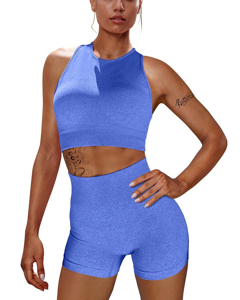 OYS Workout Sets for Women 2 Piece Outfits Seamless High Waisted Yoga Shorts Running Sports Bra Clothes Blue