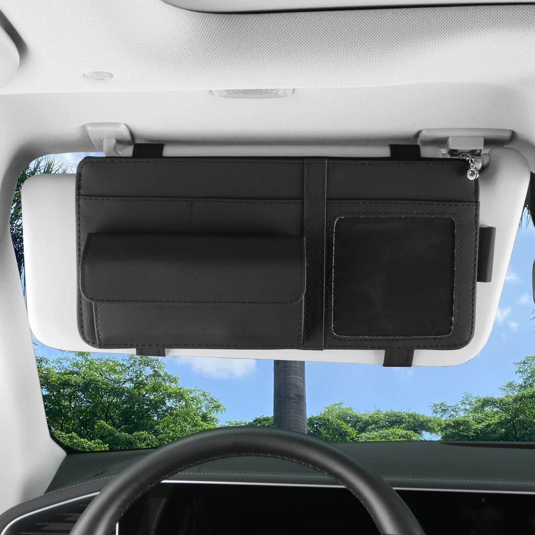 Black Car Sun Visor Organizer, Leather Visor Holder with Photo Frame