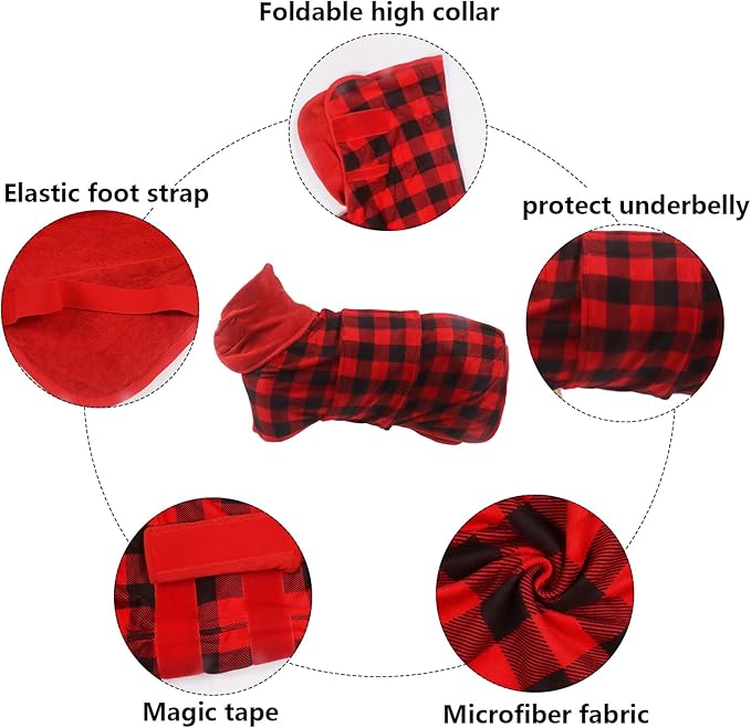 Geyecete Dog Drying Coat - Fast Drying Dog Bath Robe Towel - Microfibre Super Absorbent, Luxuriously Soft Red Black Grid - XXL