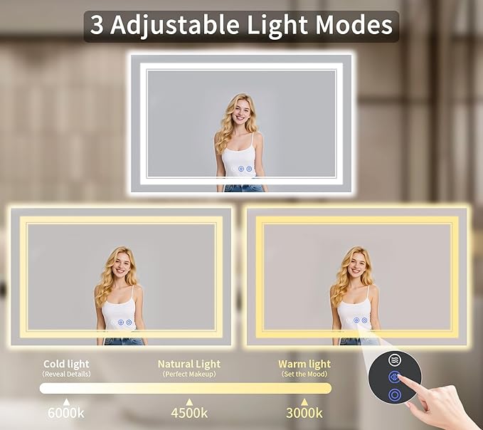 30"x60" LED Bathroom Mirror with Lights, Anti-Fog, Backlit + Front Lit, Dimmable, Led Vanity Mirror for Wall, Lighted Bathroom Mirror, 3 Colors, Shatter-Proof Tempered Glass
