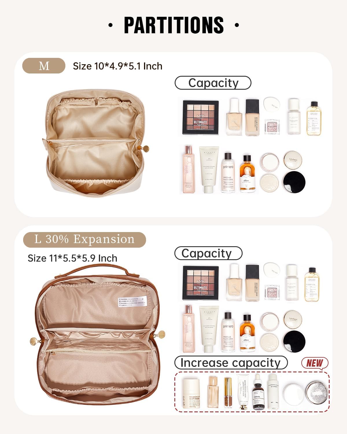 EACHY Travel Makeup Bag for Women, PU Leather Cosmetic Bag, Brown, Large