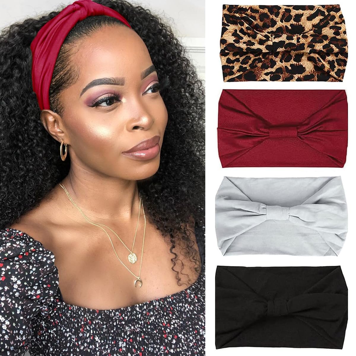 Kachanaa 4 Pack Wide Headbands For Women Elastic Knotted Yoga Sport Workout Headbands Turban African Head Wraps Hair Accessories