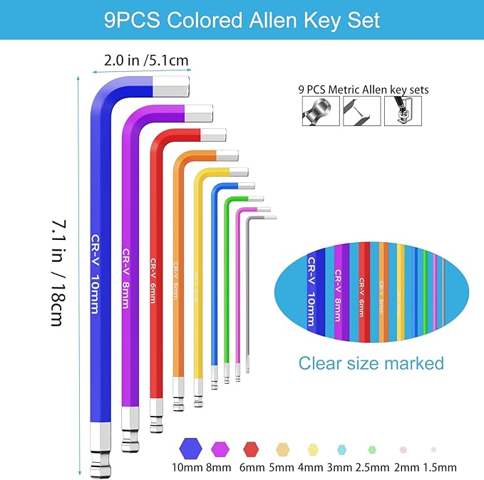 9PCS Allen Wrench Set 1.5-10mm Long Ball End Hex Key Set Cr-V Metric Allen Key Hexagonal Assortment