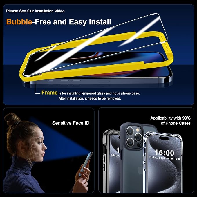 QHOHQ 3 Pack Screen Protector for iPhone 15 Pro Max