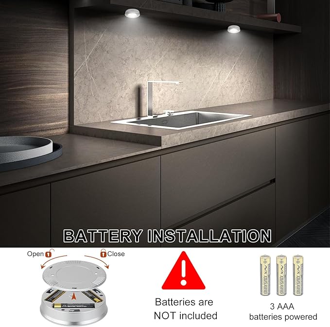 Wireless LED Puck Lights, Touch Activated Tap Ligh, Battery Operated Stick On Lights for Under Cabinet, Kitchen, Closet & Counters, 3-Pack, Silver