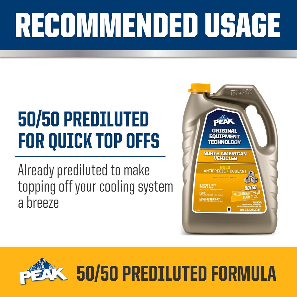 PEAK OET Extended Life Gold 50/50 Prediluted Antifreeze/Coolant for North American Vehicles, 1 Gal.