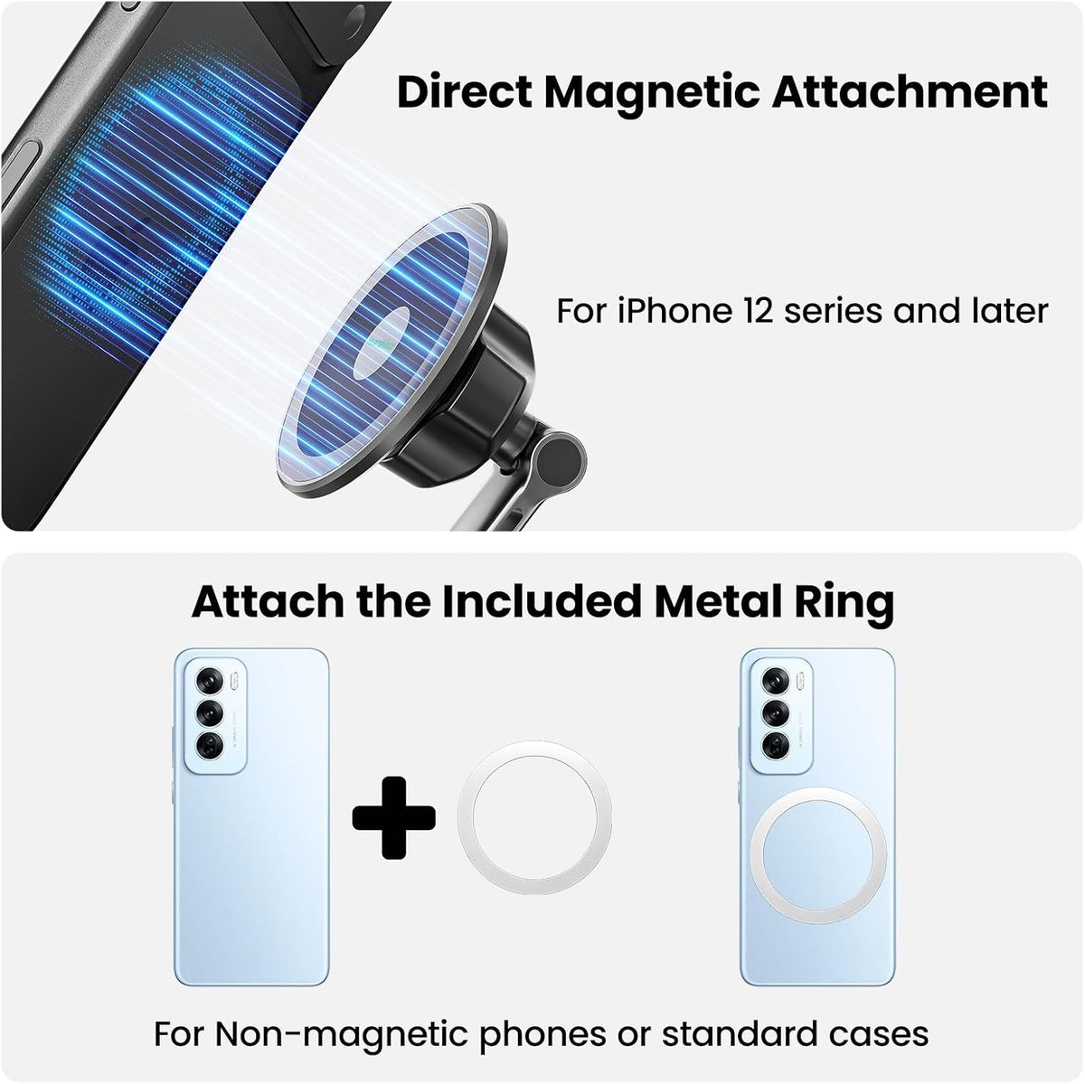 2-in-1 Strong Magnetic Suction Cup Car Phone Holder with Air Vent Hook, Rotatable Hands-Free Phone Mount for Dashboard and Windshield for Navigation, Compatible with iPhone & Android Phones