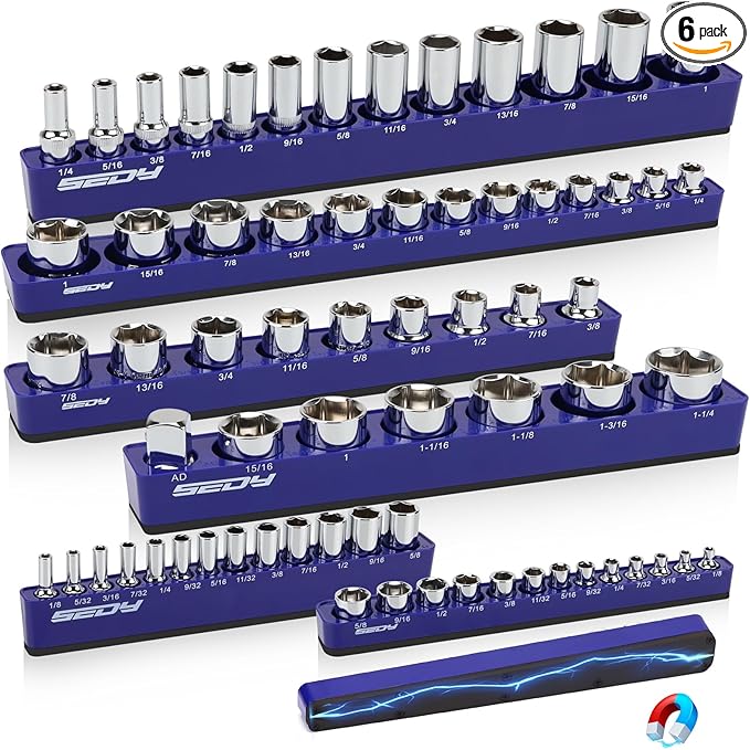 6-Piece 1/4" 3/8" 1/2"-Driver SAE Magnetic Socket Organizer Set (Holds 68 Sockets) - Detachable Tool Tray with 5mm Magnetic Base for Garage/Home Workshop(Sockets Not Included)
