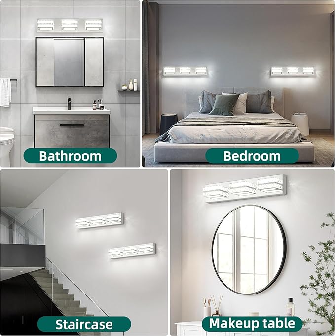 OKELI Bathroom Crystal Vanity Light Fixtures, Modern LED Vanity Light for Bathroom, 3 Lights Crystal Mirror Front Lamp, 6000K Cool White, 18W, Dia 22 Inch ETL Listed